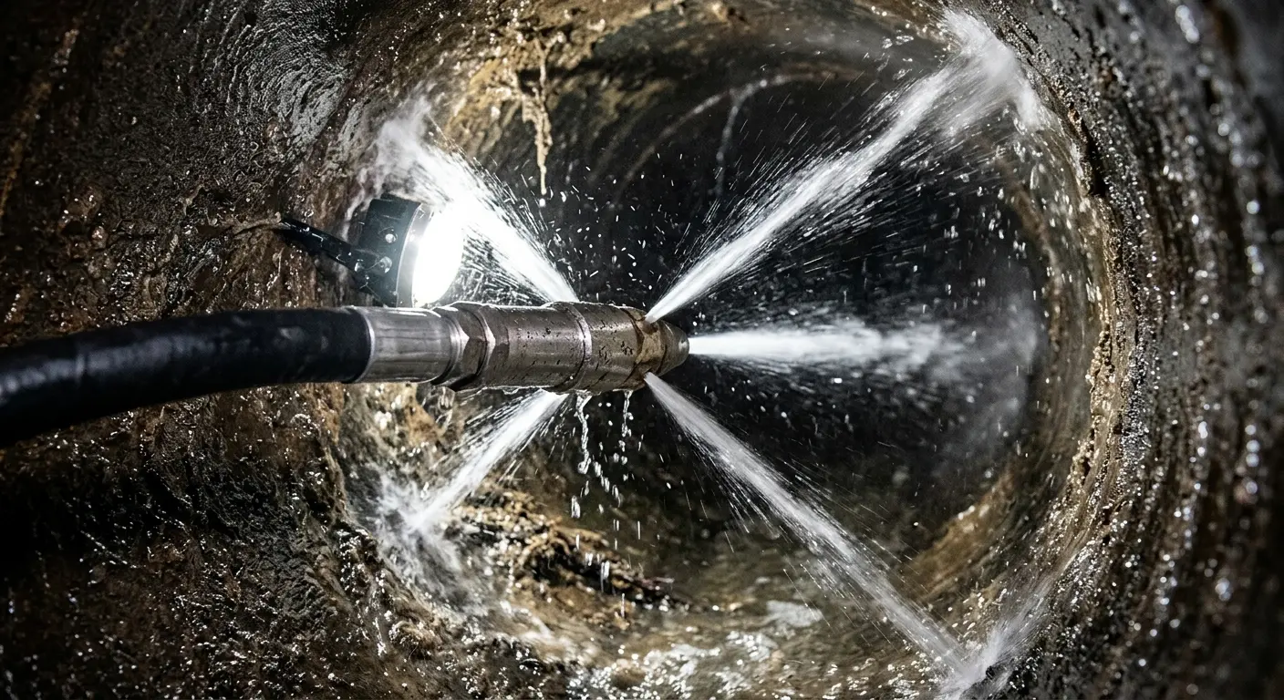 High-pressure hydro jetting nozzle cleaning sewer pipe for Emergency Drain Service in Lemon Hill