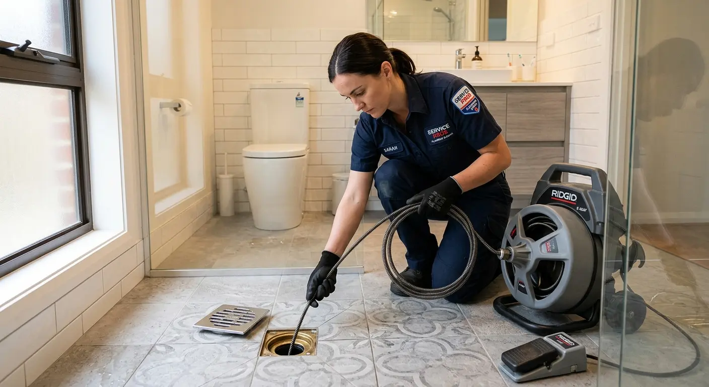 Technician clearing a bathroom floor drain for Sewer Line Replacement in Lemon Hill